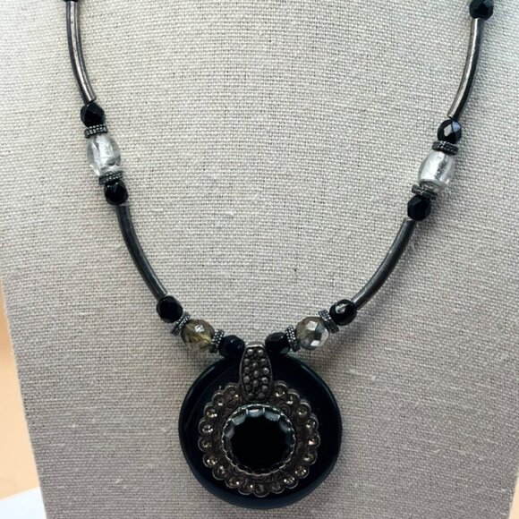 Chicos Statement Necklace With Black & Silver Beads Rhinestone Pendant N1 - Picture 1 of 14